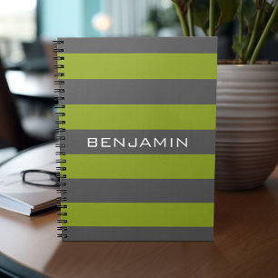 Lime Green and Gray Rugby Stripes with Custom Name Notebook