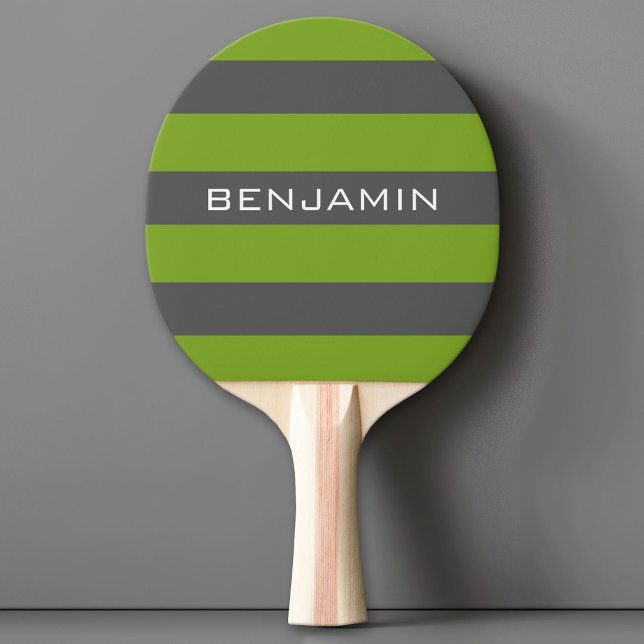 Lime Green and Gray Rugby Stripes with Custom Name Ping-Pong Paddle (Custom Ping Pong Paddle)