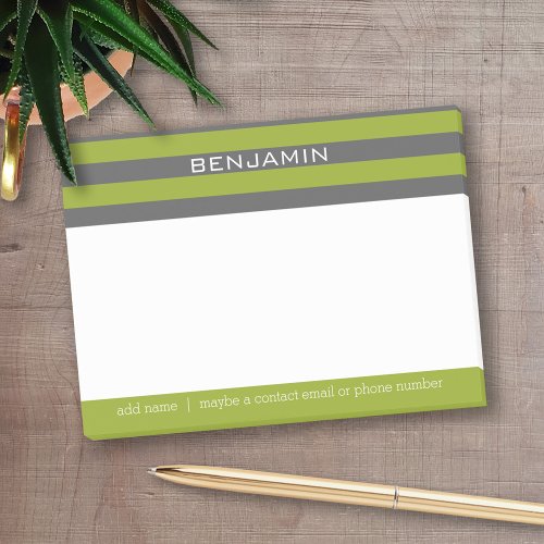 Lime Green and Gray Rugby Stripes with Custom Name Post_it Notes