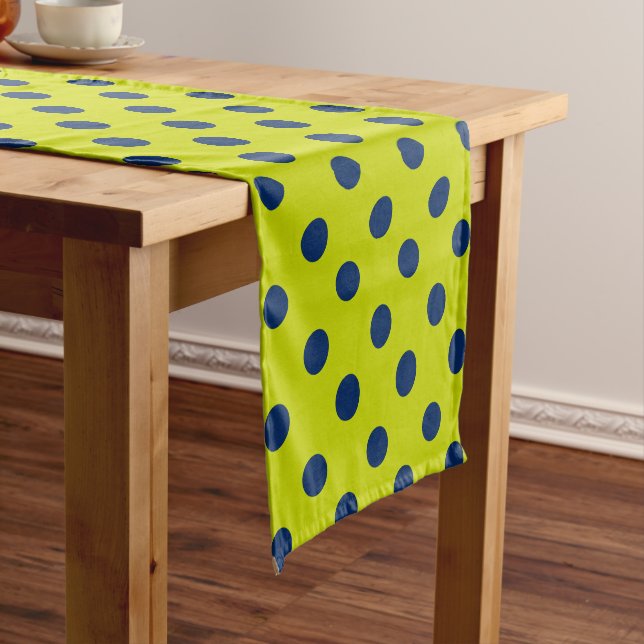 Lime Green and Navy Blue Polka Dot Short Table Runner (In Situ)
