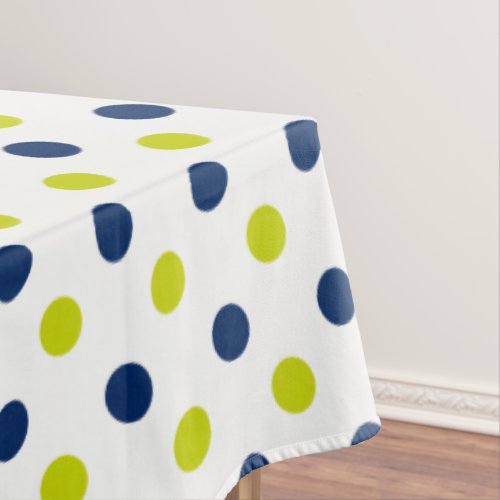 Lime Green and Navy Blue Polka Dots on White Tablecloth