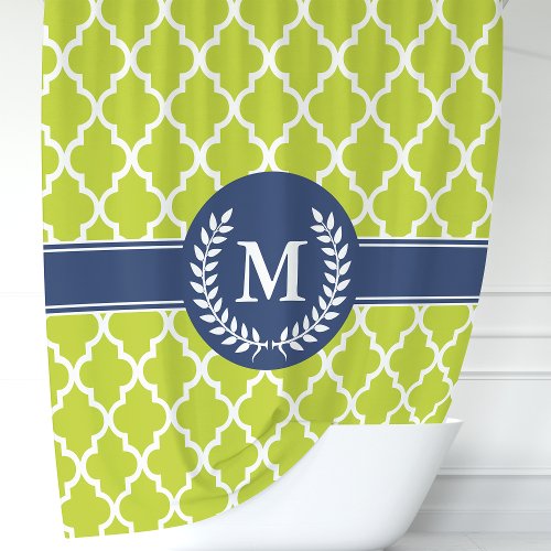 Lime Green And Navy Moroccan Monogram Shower Curtain