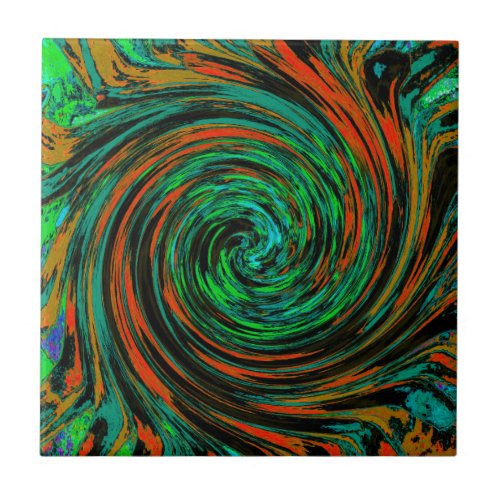 Lime Green and Orange Abstract Retro Twirl Ceramic Tile