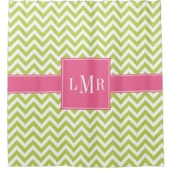 Lime Green And Pink Chevrons Monogram Shower Curtain by heartlockedhome at Zazzle