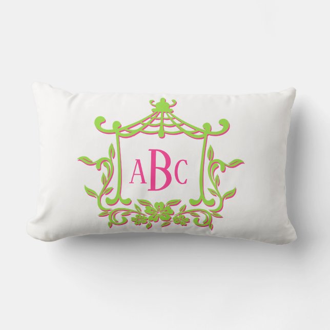 Lime Green and Pink Pagoda Flower Frame Monogram Lumbar Pillow (Front)