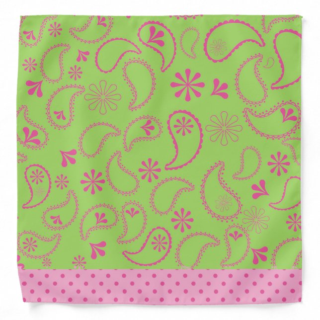 Lime Green and Pink Paisley and Polka Dots Bandana (Front)