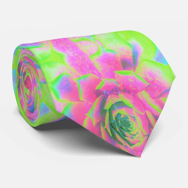 Lime Green and Pink Succulent Sedum Rosette Neck Tie (Rolled)