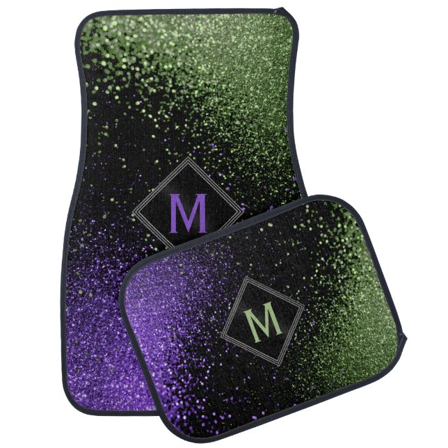 Lime Green and Purple Glitter  Car Floor Mat (Set)