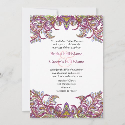 Lime Green and Raspberry Damask Wedding Invitation