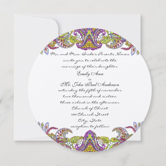 Lime Green and Raspberry Damask Wedding Invitation (Front)