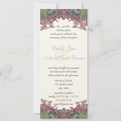 Lime Green and Raspberry Damask Wedding Invitation