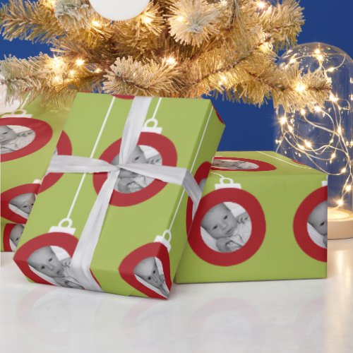 Lime Green and Red Christmas Ornaments Photo Frame Wrapping Paper