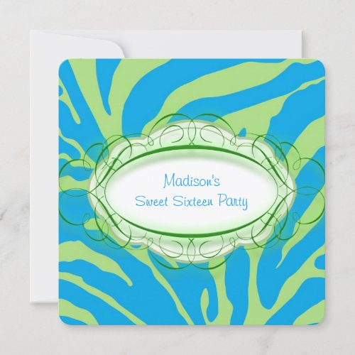 Lime Green and Teal Blue Zebra Birthday Party Invitation