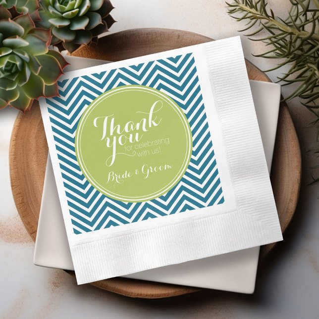 Lime Green and Teal Chevron Pattern Monogram Napkins (Personalized Wedding Thank You Napkins)