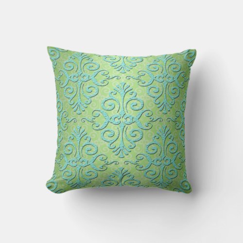 Lime Green and Teal Fancy Damask Throw Pillow