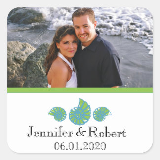 Lime Green and Turquoise Seashell Wedding Square Sticker