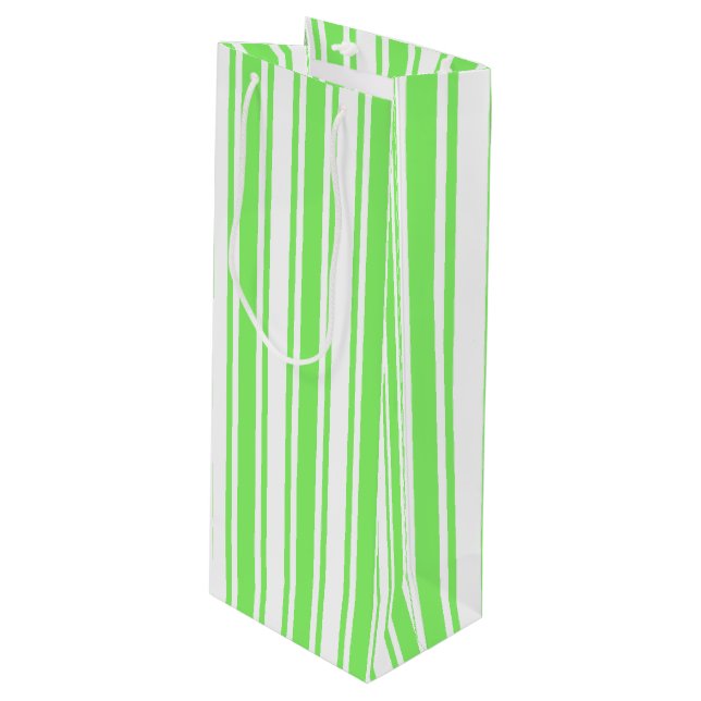 Lime green and white candy stripes wine gift bag (Front Angled)