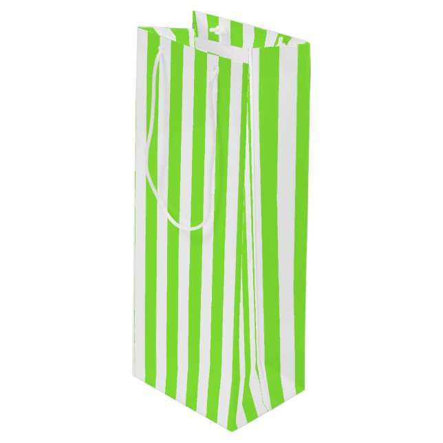 Lime green and white candy stripes wine gift bag (Front Angled)