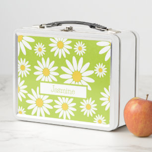 Lime Green and White Daisy with name Metal Lunch Box