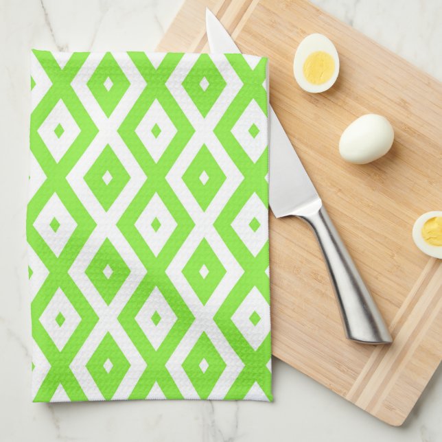 Lime green and white diamond pattern kitchen towel (Quarter Fold)