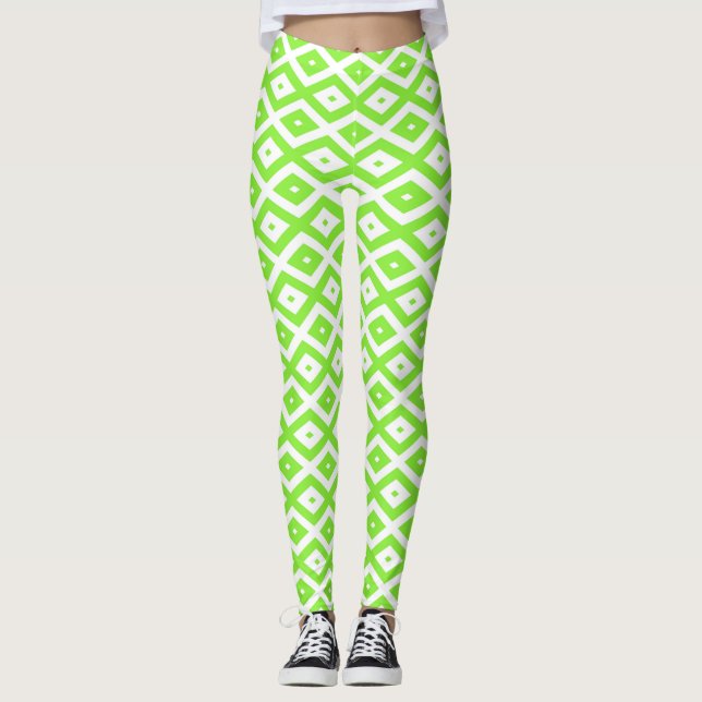 Lime green and white diamond pattern leggings (Front)