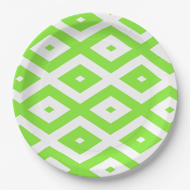 Lime green and white diamond pattern paper plates (Front)