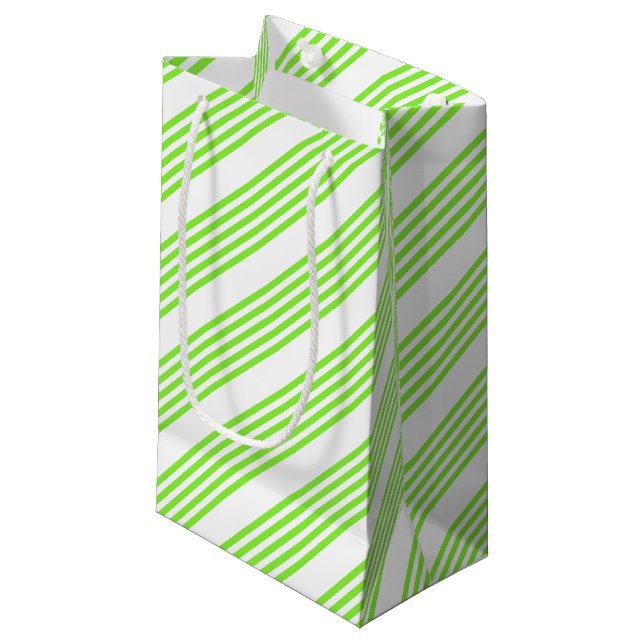 Lime green and white five stripes pattern small gift bag (Front Angled)