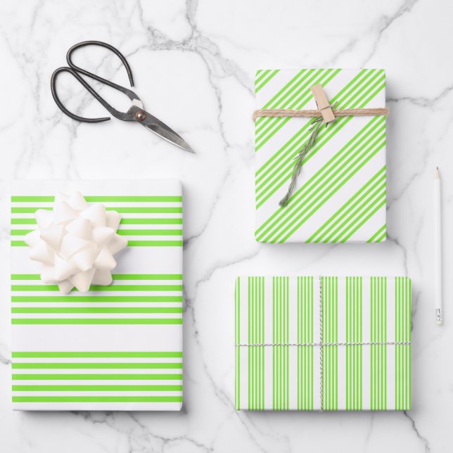 Lime green and white five stripes pattern wrapping paper sheets (Front)