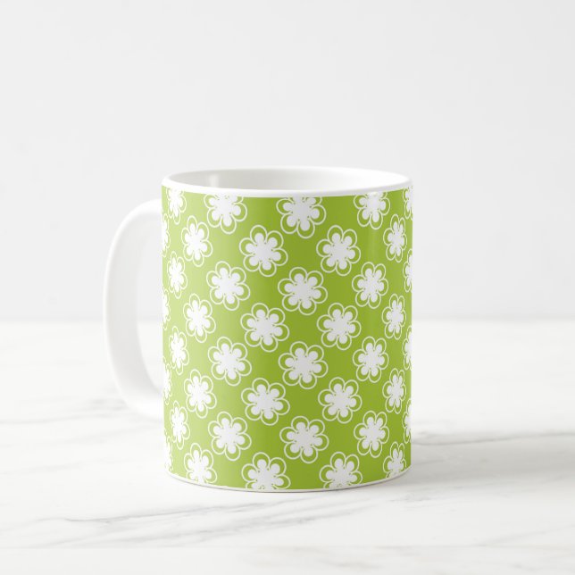 Lime Green and White Flower Pattern Coffee Mug (Front Left)