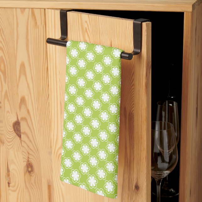 Lime Green and White Flower Pattern Kitchen Towel (Thirds Fold)