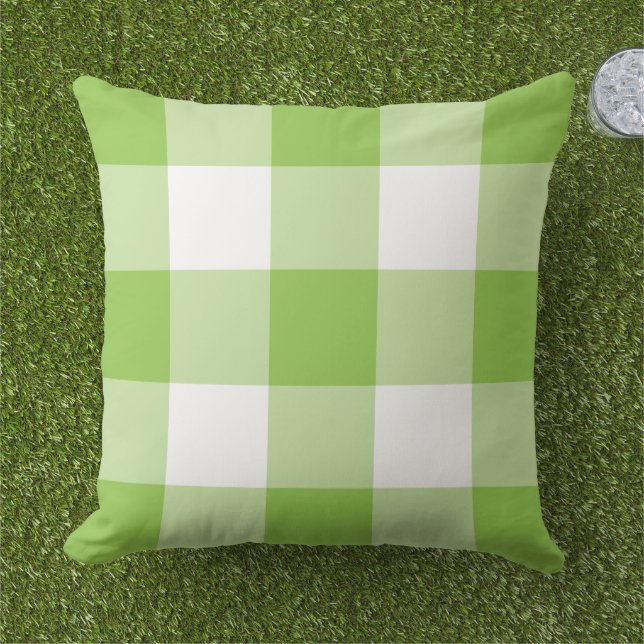 Lime Green and White Gingham Plaid Pattern Outdoor Pillow (Grass)