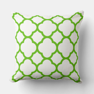 Lime Green and White Reversed Quatrefoil Pattern Throw Pillow