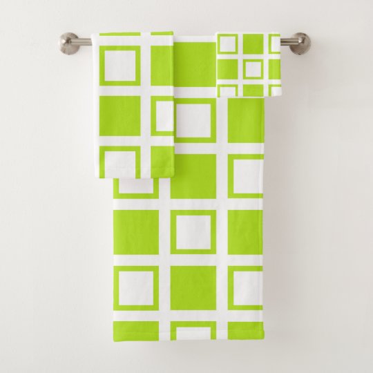 Lime Green and White Squares Bath Towel Set