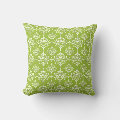 Lime Green and White Vintage Damask Pattern Throw Pillow