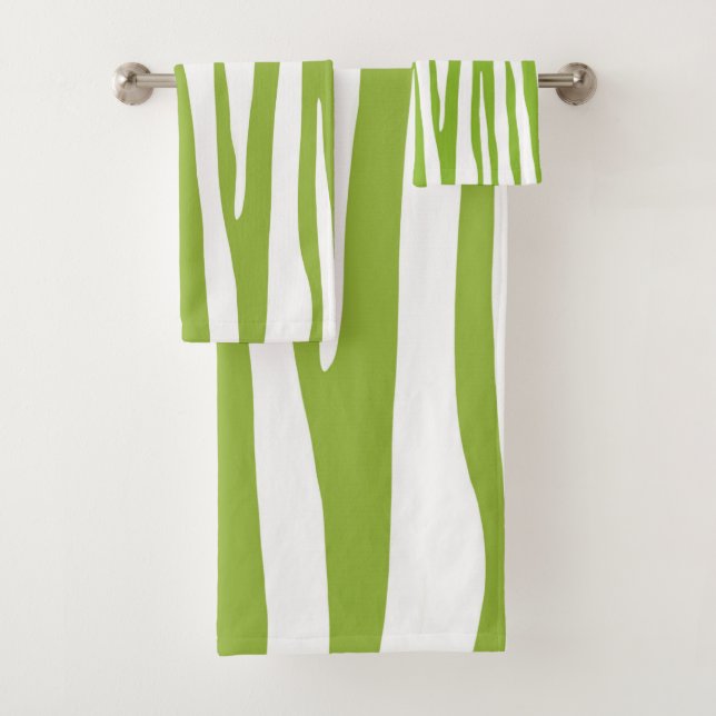 Lime green and white zebra pattern bath towel set (Insitu)