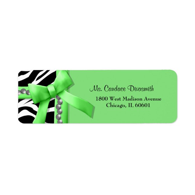 Lime Green And White Zebra Stripe With Silver Gems Label (Front)