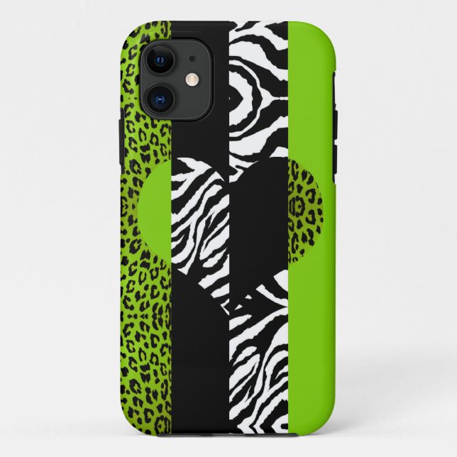 Lime Green and Zebra Animal Print Heart Case-Mate iPhone Case (Back)