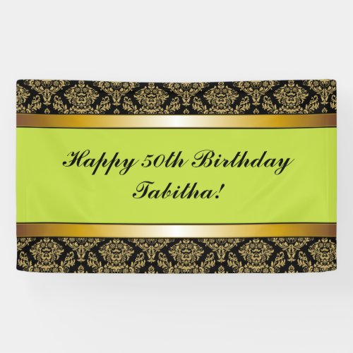 Lime Green Any Age Gold Damask Birthday Banner