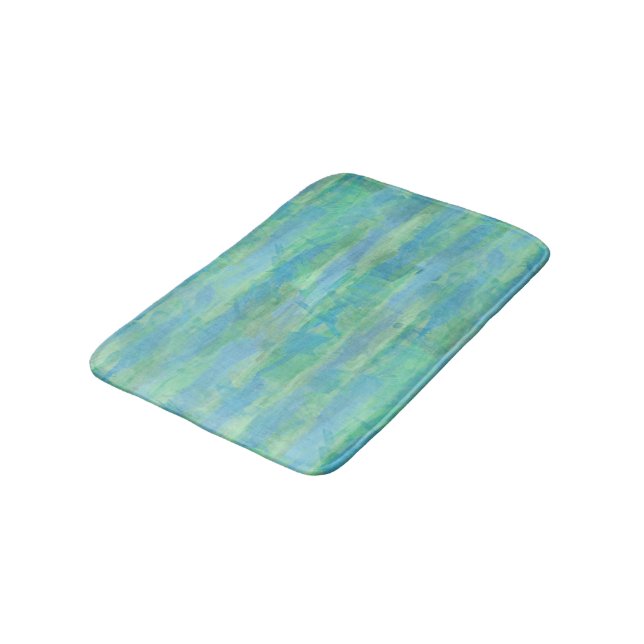 Lime Green Aqua Turquoise Blue Watercolor Stripes Bathroom Mat (Angled)