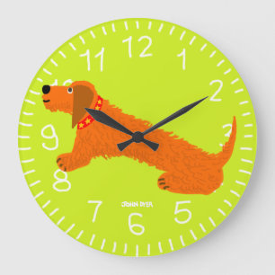 Lime Green Art Clock: John Dyer Sausage Dog Design Large Clock
