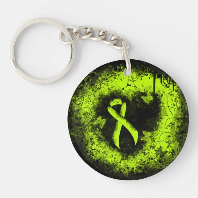 Lime Green Awareness Ribbon Grunge Heart Keychain (Front)