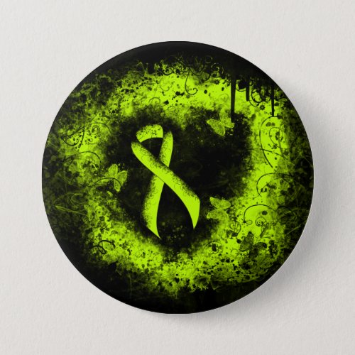 Lime Green Awareness Ribbon Grunge Heart Pinback Button