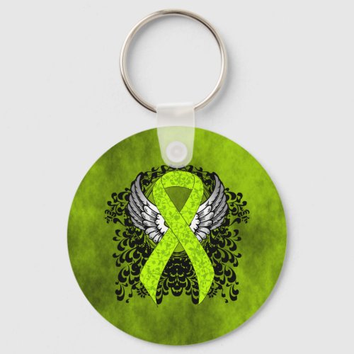 Lime Green Awareness Ribbon with Wings Keychain