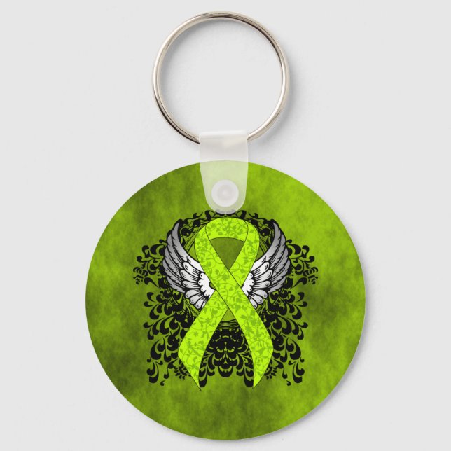 Lime Green Awareness Ribbon with Wings Keychain (Front)