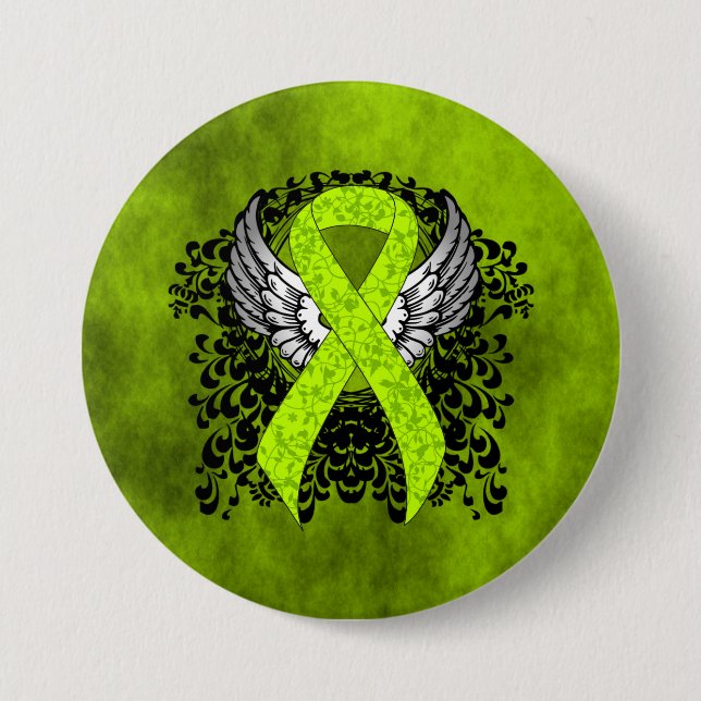 Lime Green Awareness Ribbon with Wings Pinback Button (Front)