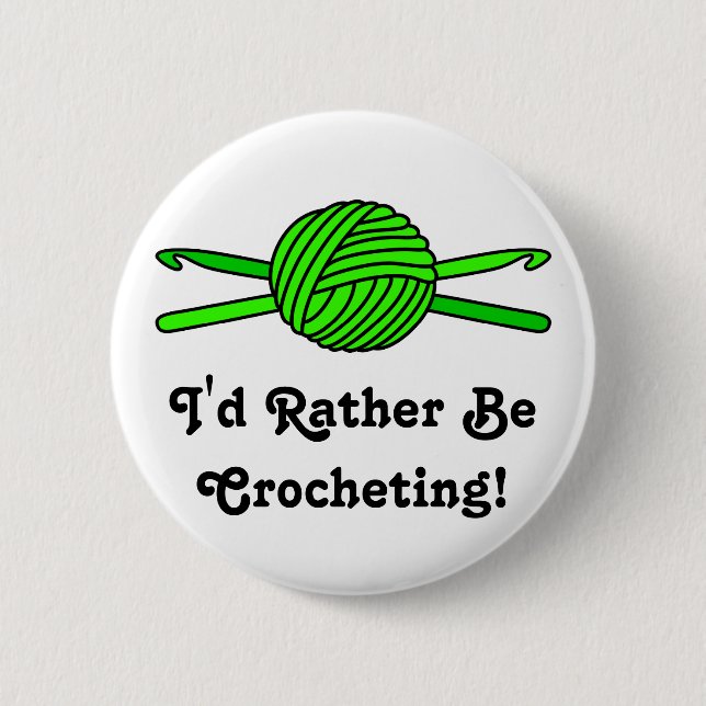 Lime Green Ball of Yarn & Crochet Hooks Button (Front)