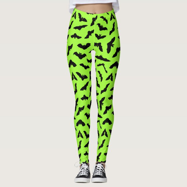 Lime Green Bat Pattern Halloween Leggings (Front)