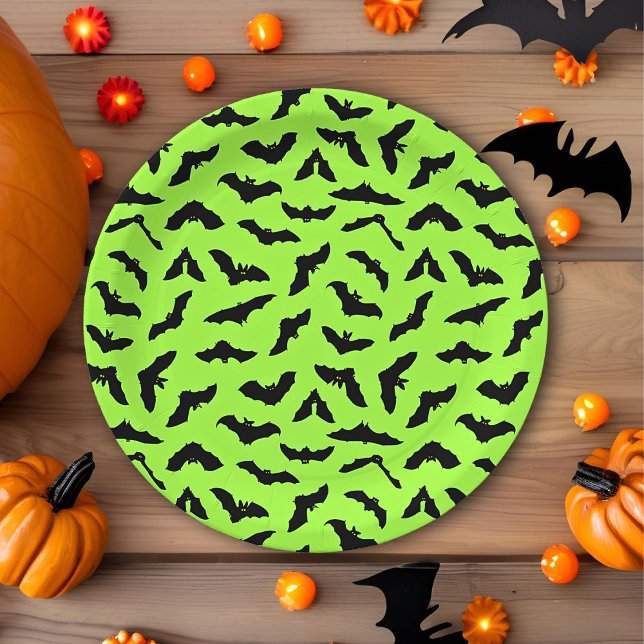 Lime Green Bat Pattern Halloween Paper Plates (Creator Uploaded)