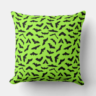 Lime Green Bat Pattern Halloween Throw Pillow