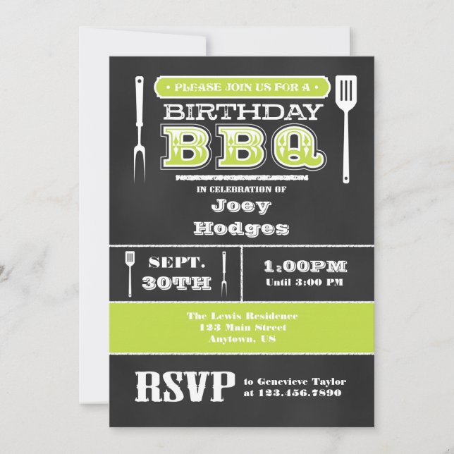 Lime Green BBQ Birthday Chalkboard Invitation (Front)